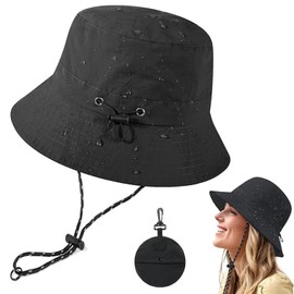 PVFZXS Rain Hat Women's Waterproof Fishing Hat Waterproof Sun Hat UV Protection Foldable Portable Summer Hat Outdoor Chin Strap Bucket Hat Fishing Hats Quick Drying, black