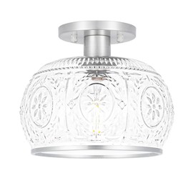 Brushed Nickel Semi Flush Mount Ceiling Light, Close to Ceiling Light with Globe Glass, Vintage Hallway Ceiling Light, Small Overhead Light Fixture, Light Fixtures Ceiling Mount for Kitchen Hall