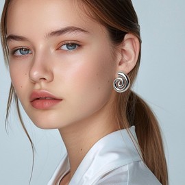 Jeanbeau Chunky Silver Swirl Spiral Shell Stud Earrings for Women, Trendy Statement Seashell Lightweight Summer Beach Earing Prom Fashion Jewelry Gift