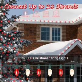 Red and White Christmas Lights Outdoor,25ft C7 LED Christmas Lights with 27 Transparent Red and Frosted White Bulbs,Connectable Vintage Christmas Lights for Patio Xmas Garden Party Holiday Decor