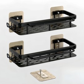 Styptika 2-Pack Adhesive Shower Caddy – Rustproof Aluminum Black Shower Shelves with Towel Bars & Hooks, No Drill Bathroom Organizers and Storage, Anti-Tip Shower Organizer for Inside Shower
