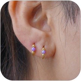 18G Hypoallergenic Small Gold Hoop Earrings for Women 14K Gold Plated Opal Cartilage Earrings Lightweight Jewelry for Tragus/Helix/Conch/Rook/Nose Multiple Piercing Huggies Earrings (8mm Purple Opal)