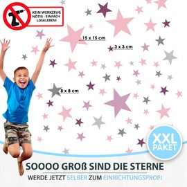 50 Star Wall Stickers for Children's Room, Wall Sticker Set, Pastel colours, Baby Starry Sky for Gluing, Wall Decoration, Toddlers, Basic Wood-Chip Equipment