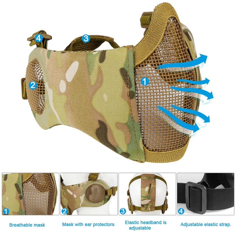 Airsoft Mask with Goggles, Foldable Half Face with Ear Protection