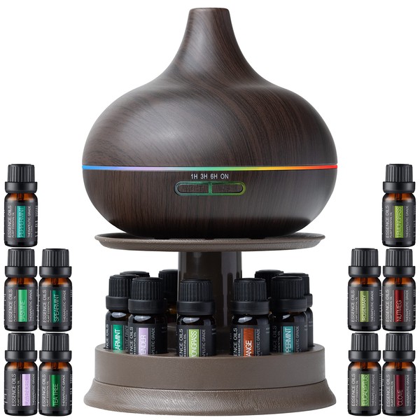 Ultimate Aromatherapy Diffuser & Essential Oil Set - Ultrasonic Diffuser & Top 10 Essential Oils - 300ml Diffuser w/ 4 Timer & 7 Ambient Light Settings - Therapeutic Essential Oils - Dark Oak w/Stand