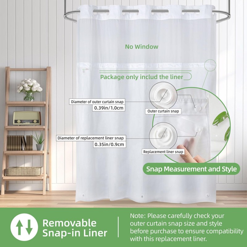 eachope 1 Pack PEVA Snap-in Shower Curtain Liner Replacement,Compatible with