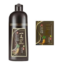 Castaño- Shampoo Tinte Instantaneo Para Cabello Cubre Canas Con Jengibre 500Ml + Sobre de viaje de 30g (30ml)- Paquete Champú Instant Hair Color Para 