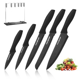HAUSHOF Kitchen Knife Set, 5 PCS Knife Sets with Arcylic Block, Teflon Coated Black Knives Set for Kitchen, Premium Stainless Steel Knives Set with Ergonomic Handle, Great for Slicing, Dicing&Cutting