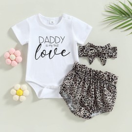 JLKGICF Fathers Day Outfit for Baby Girl Newborn Infant Short Sleeve Letters Print Romper Flower Shorts+Bowknot Hairband (Khaki Leopard Print5, 12-18 Months)