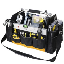 18" Tool Bag with Metal Handle, Open Top Tool Tote with Rotating Handle, 30 Pockets, 1680D Oxford Fabric, Heavy Duty Electrician Tool Bag, Foldable Tool Storage Bag, Reflective Tool Bag, Yellow
