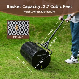 Compost Spreader 30 Inch Peat Moss Spreader with Installation Support Accessories, Metal Mesh Roller Lawn Spreader for Top Soil, Manure, Mulch, Top Dressing - Garden spreaders for lawns