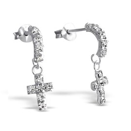 Dangling Cross Half Hoop Earrings - Sterling Silver with Crystal Stones