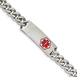 Stainless Steel Polished with Red Enamel Medical ID Curb Chain Bracelet For Men Length 8 inches Width 4.3 mm