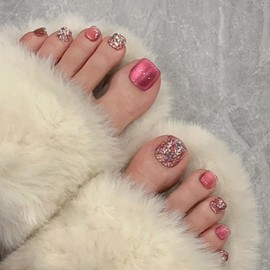 24Pcs French Press on Toenails Short Sequins Cat Eye False Toenails Square Artificial Fake Toe Nails Acrylic Full Cover Summer Stick on Toe Nails for Women Girls Nail Salon and Nail Art DIY