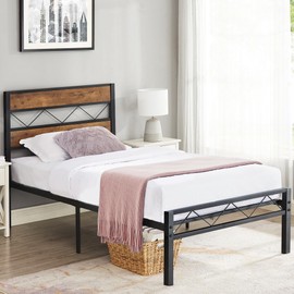 VECELO Twin Metal Platform Bed Frame with Rustic Vintage Wooden Headboard, Heavy Duty Metal Slats Support, Platform Mattress Base No Box Spring Needed, No Noise, Easy Assembly