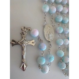 Catholic Rosary Blue Pink White Glass  Silver Tone Crucifix Miraculous Medal