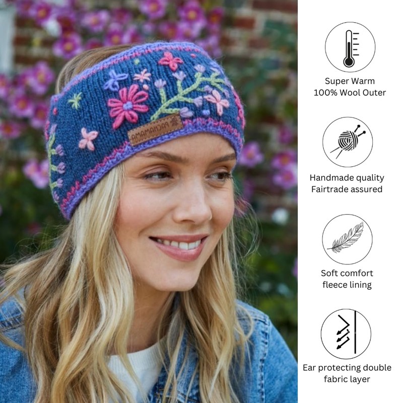 Pachamama Women Wool Ear Warmer Headband Fleece Lined Hand Embroidered