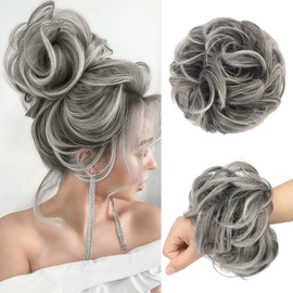FESHFEN Messy Bun Hair Piece Large Gray Hair Bun Scrunchies Extensions Synthetic Salt and Pepper Easy Bun Tousled Updo Grey Hairpieces for Women Girls