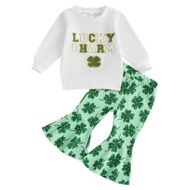 Toddler St Patricks Day Outfit Lucky Charm Long Sleeve Sweatshirt Shamrock Flared Pants Clothes Set (Green, 3-4 Years)