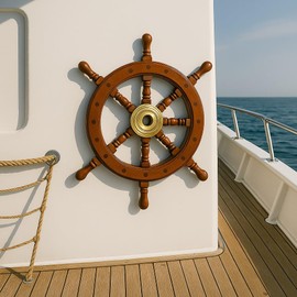 GLOBEDECOR Nautical Wood Ship Wheel with Brass Hub, 15" H – Handcrafted Wooden Wall Decor, 6-Spoke Maritime Steering Wheel, Decorative Brass Center for Coastal or Nautical-Themed Rooms