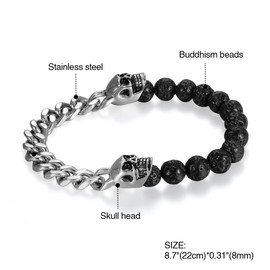 Stainless SteelSkull Bracelet, Cupimatch Mens Skull Bracelet 8mm Buddha Black Beads Stretch Gothic Jewelry (Silver Link)