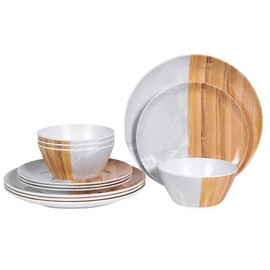 DoDoware Melamine Dinnerware Sets for 4, 12-Piece Lightweight Outdoor Plates and Bowls Sets, Unbreakable Wooden Jade Pattern Flatware set