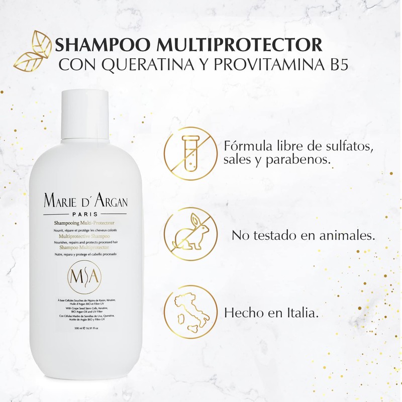 Marie d'Argan Shampoo Multiprotector 500 ml con Queratina, Provitamina B5,