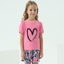 HSOXLQF Kids Girl Clothes Heart Print Short Sleeve Top and Floral Shorts Cute Girl Summer Outfits Short Set(4-5T)