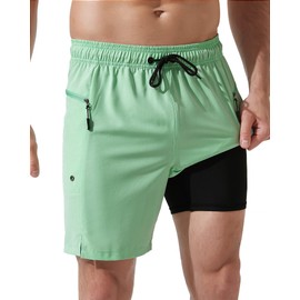 Arcweg Mens Swim Trunks with Compression Liner 7 Inch Quick Dry Beach Swimming Trunks 2 in 1 Swim Shorts with Zipper Pockets Mint Green(XS)