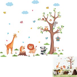 Jungle Animals Tree Wall Decals,Cartoon Animal Safari Giraffe Tiger Monkey Peel Wall Decals Peel and Stick,for Baby Nursery Kids Bedroom Playroom,Living Room Wall Decor
