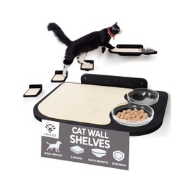 INICIO Cat Wall Shelves – Dog Proof Feeding Station with Wall Mounted Shelves, Durable 3 Step Birch Floating Shelf for Cats Up to 15lbs, Includes Attached Cat Food Bowl for Convenient Feeding – Black