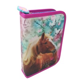 Theonoi Pencil Case Pencil Case 2 Compartments Double Decker Pencil Case Filled, horses horse, pencil case