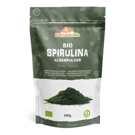 Spirulina Powder Organic 100 g. Natural and Raw Spirulina Algae Powder. Vegan and Pure. Cultivated in India in Tamil Nadu. Ideal for Drinks, Smoothies and Recipes.