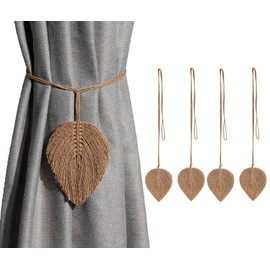 Loiahoer 4 Pcs Curtain Tiebacks,Leaf Curtain Tie Backs Hooks Clip Rope Holder Buckle Handmade Weaving Bohemian Tassel Holdbacks,Curtains Decoration for Home/Living Room/Bedroom/Office/Bathroom,Brown