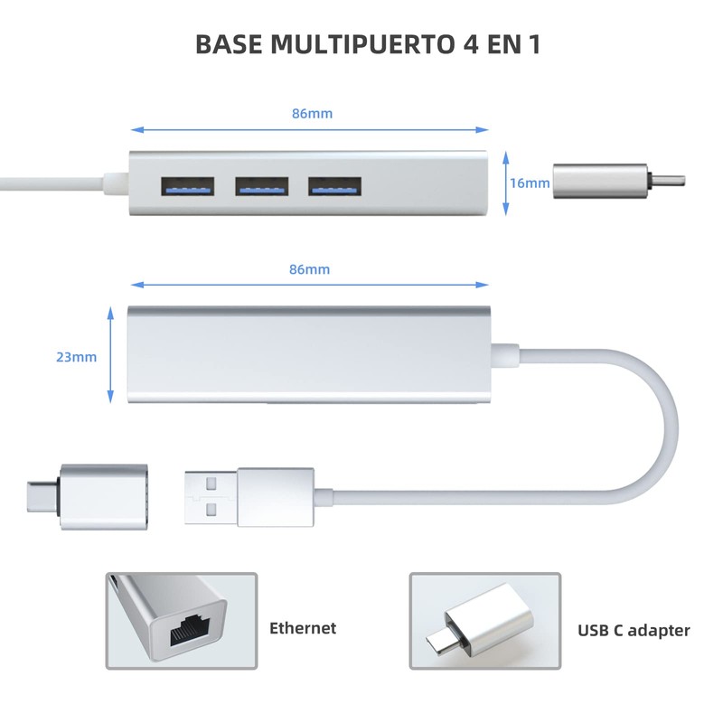 (con Adaptador USB C) 4 En 1 Adaptador USB Ethernet,