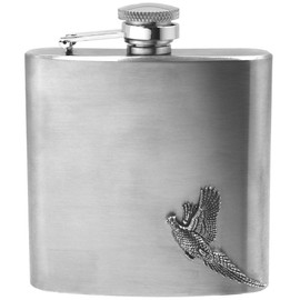 English Pewter Company 6oz Stainless Steel Hip Flask with Pewter Pheasant Adornment [CS235]