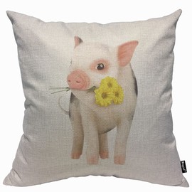 Mugod Pink Pet Cushion Cover Throw Pillow Covers Miniature Pig Yellow Daisy on White Background Pillow Case for Men Women Decorative Home Sofa Chair Couch 45x45cm/18x18 Inch