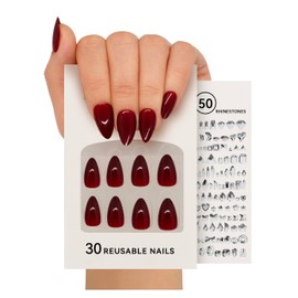 Press on Nails,DIY With 50 Rhinestones for Charming Women,Short Almond Nails With Super Strong Glue,Cherry Red,15 Sizes,30 Nail Kit