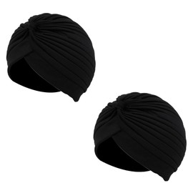 Pleated Headpiece Turban Cap India Sun Hat Arabic Festival Vintage Plain Unisex, Black X 2