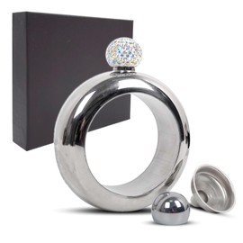 Hip Flask for Women Men, Rigrer Bangle Bracelet Flask Hip 304 Stainless Steel 3.5 oz Funnel Set with Liquids & Crystal Lid, Pocket Wrist Flask in Gift Box for Birthday Party-Silver