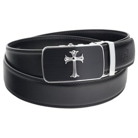 QHA Mens Jesus Cross Automatic Buckle Ratchet Leather Belt Q39-Silver Black-30-36"
