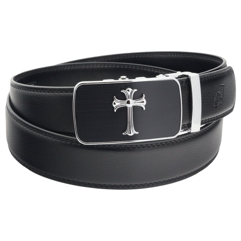 QHA Mens Jesus Cross Automatic Buckle Ratchet Leather Belt Q39-Silver