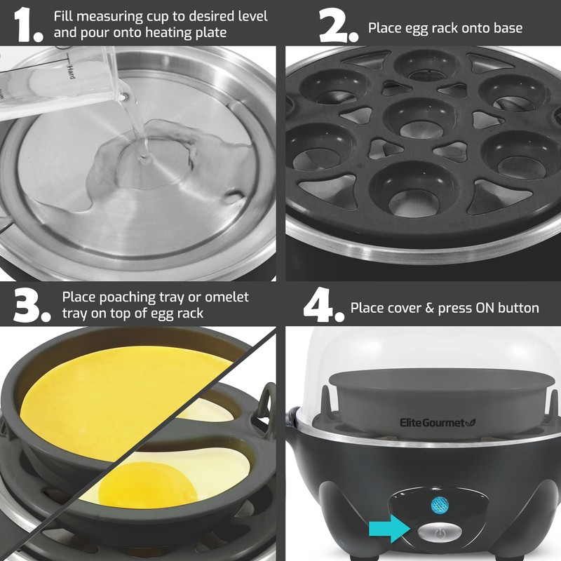 Elite Gourmet Easy Electric 7 Egg Capacity Cooker, Poacher, Omelet