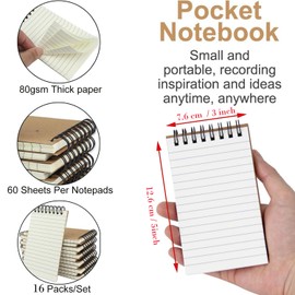 Small Spiral Notebooks, 3x5 Kraft Pocket Mini Notebooks, 16 Pack Pocket Notebooks Plastic Spiral Notepads with 60 Sheet, A7 Little Pads for Home Office School, Kids, Students,Travelers (16 Brown)