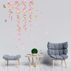 AnFigure Pink Blossom Flower Wall Stickers Hanging Vine Wall Decals Bedroom Living Room Nature Plant Floral Wall Sticker Sofa TV Background Home Wall Decor
