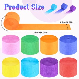 8 Rolls Crepe Paper Colourful, 8 Colours Crepe Tape Colourful, Crepe Ribbons Rainbow, Crepe Paper with 1 Scissors for Weddings, Birthdays, Party Decorations (4.5 cm x 25 m)