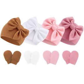 DRESHOW Newborn Baby Hats Mittens Set Hospital Hat Beanie Infant Bow Hats Baby Cotton Gloves No Scratch Mittens for 0-6 Months