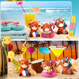 Wesiti 3 Pcs Highland Cow Resin Figurines Summer Beach Highland Cow Gnomes Scottish Resin Statues Summer Table Shelf Home Decor Calf Gnome Herd Gifts for Beach Pool Tropical Birthday Party Supplies