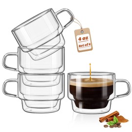 glastal 4 oz Stackable Glass Cups Espresso Cups Double Walled Espresso Glasses Set of 4, 120ml Coffee Tea Glasses Expresso Shots Cup Set for Tea, Milk, Gifts for Women Man - German Quality