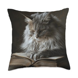 Domestic Longhair Cat Reading Book Throw Pillow